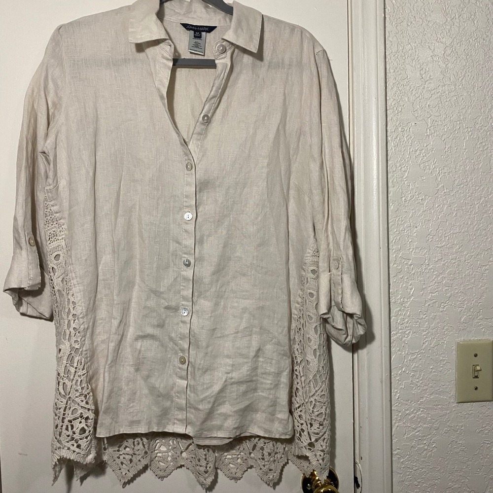 John Mark Linen Shirt‎ Lace Trim Button Down Top Womens Size M
